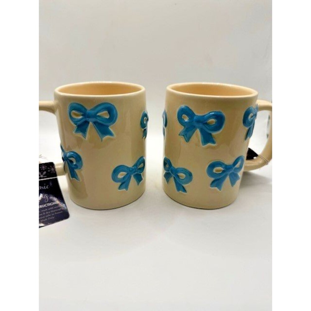 Ceramic Bow Coffee Mug Set Blue Ribbon Design Cute Gift Pair 12oz New